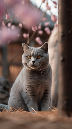 British Shorthair cat with pink cherry blossoms in the backgroundの素材
