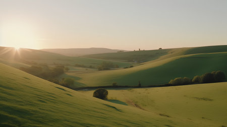 Sunset in Tuscany, Italy. Landscape with green hills and meadowsの素材
