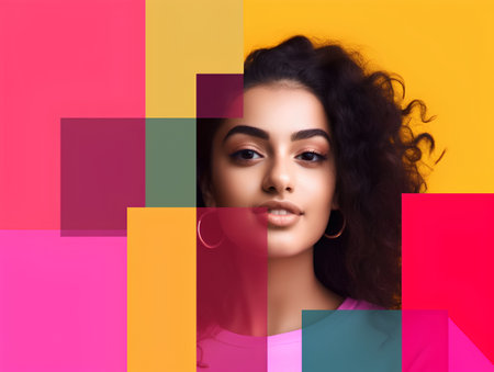 Portrait of beautiful young woman with curly hairstyle and bright makeupの素材