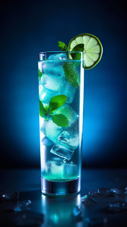 Mojito cocktail with lime, mint and ice cubes on blue backgroundの素材