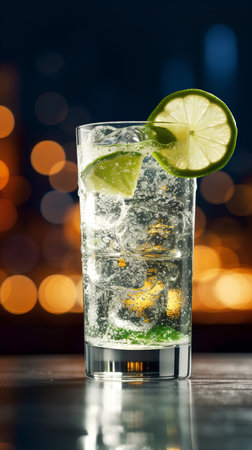 Cocktail with lime and ice on a bar counter with bokeh backgroundの素材