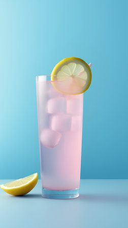 Pink cocktail with ice and lemon on blue background. 3d illustrationの素材