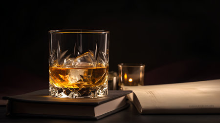 Glass of whiskey with ice cubes, book and candles on dark backgroundの素材