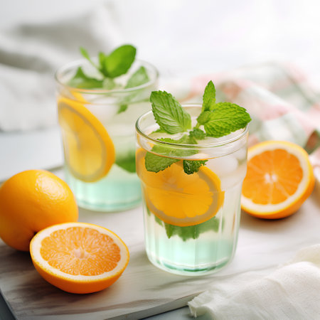Citrus lemonade with mint and orange on a light background. toning. selective focusの素材