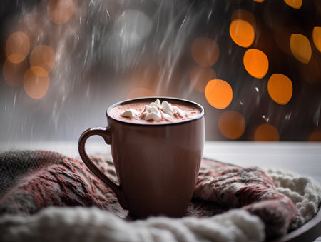Cup of hot chocolate with marshmallows and scarf on bokeh backgroundの素材