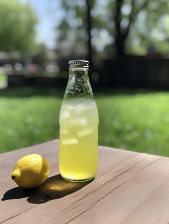 Lemonade in a bottle on a wooden table in the gardenの素材