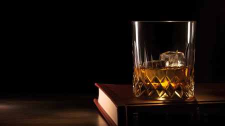 Glass of whiskey with ice and old book on wooden table on dark backgroundの素材