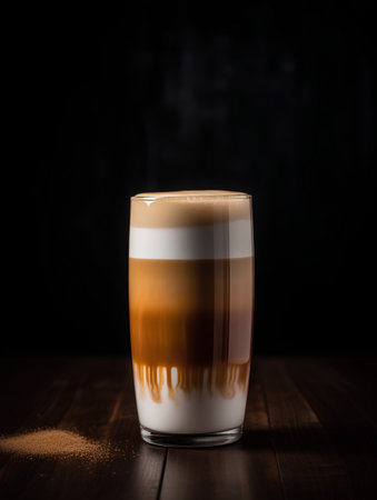 Coffee latte macchiato in a tall glass on a dark backgroundの素材