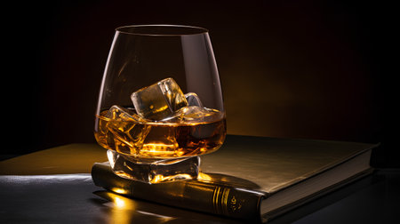 Glass of whiskey with ice cubes and old book on black background.の素材