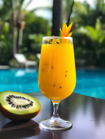 Tropical cocktail with kiwi and pineapple on a swimming pool backgroundの素材