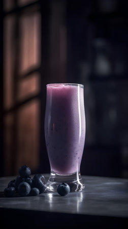 Blueberry smoothie in a glass with fresh berries on a dark backgroundの素材