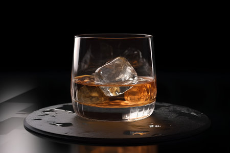 Glass of whiskey with ice cubes on black background. 3d illustrationの素材