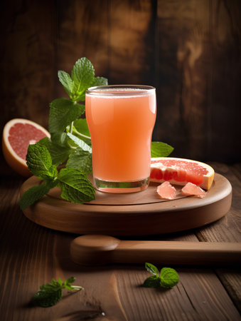 Grapefruit juice and fresh mint on a wooden background. Selective focus.の素材