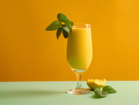 Glass of mango smoothie with mint leaves on yellow and green backgroundの素材