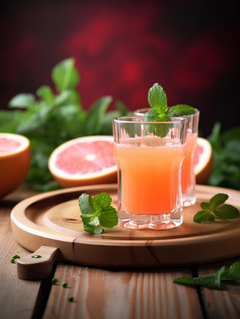 Grapefruit juice with mint in a glass on a wooden tableの素材