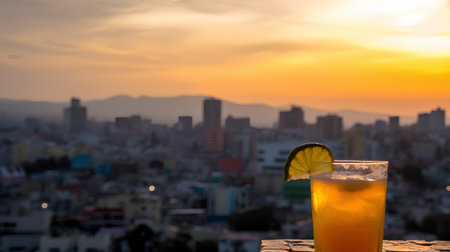 Orange juice with a slice of lemon on the background of the city.の素材