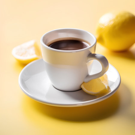 Cup of black coffee with lemon on yellow background, close upの素材