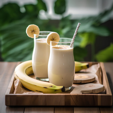 Banana smoothie with milk and banana slices on a wooden backgroundの素材