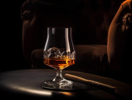 Cognac or brandy on the rocks with cigar on dark backgroundの素材