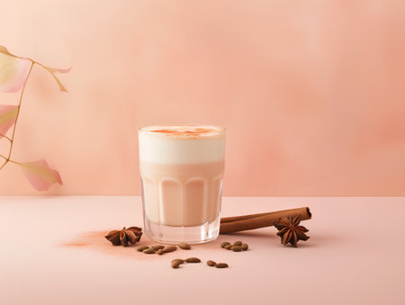 Coffee latte macchiato with cinnamon and anise on pink backgroundの素材