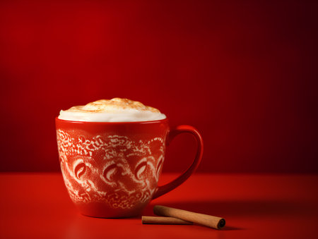 Cup of hot cappuccino with cinnamon on red backgroundの素材