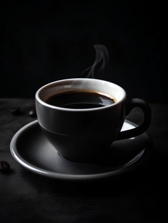 Coffee cup on black background, selective focus, shallow DOFの素材