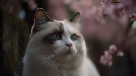 Beautiful cat with blue eyes and pink flowers in the background.の素材
