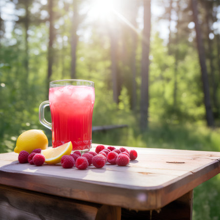 Glass of raspberry juice on a wooden table in the summer forest.の素材