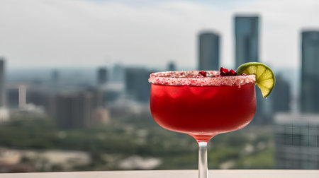 Strawberry margarita cocktail with lime and ice on the terrace overlooking the cityの素材