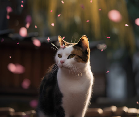 Cat in the garden with petals of cherry blossoms on the backgroundの素材