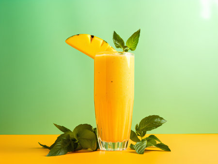 Glass of fresh mango smoothie with mint leaves on yellow and green backgroundの素材