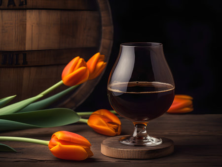 Tulips in a glass of cognac on a wooden tableの素材