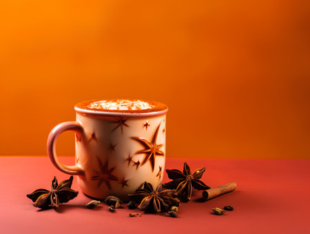 Cup of coffee with star anise and cinnamon on red backgroundの素材