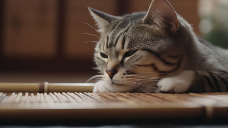 Cute tabby cat lying on a bamboo mat. Selective focus.の素材