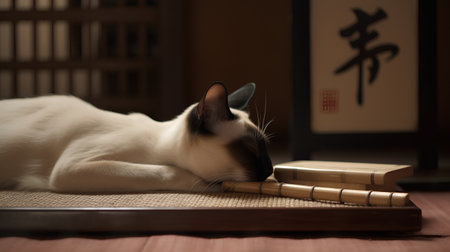 Siamese cat lying on a bamboo mat and reading a bookの素材