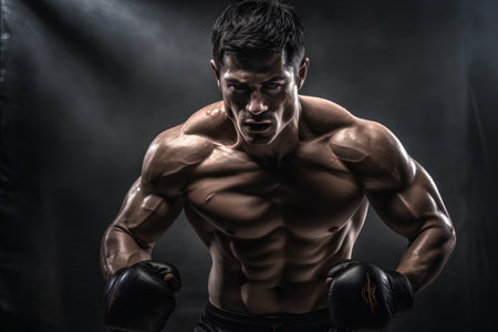 Muscular man with boxing gloves on dark background. Strength and motivation.の素材