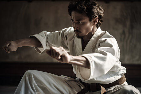 karate man in kimono training in the gymial artsの素材