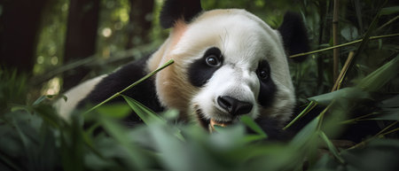 Giant panda bear eating bamboo leaves in the forest, Chengdu, Chinaの素材