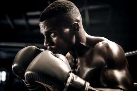 Portrait of african american boxer with boxing gloves on dark backgroundの素材