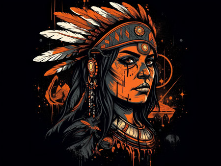 Native american indian chief with feathers on grunge background. Vector illustrationの素材
