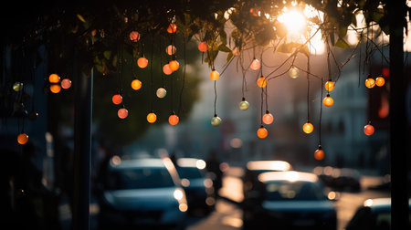 Colorful light bulbs decorating the streets of the city at sunsetの素材