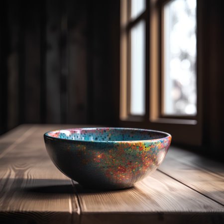 Empty ceramic bowl on wooden table and window background. Selective focus.の素材