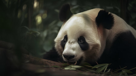 Giant panda eating bamboo leaves in the forest, Chengdu, Chinaの素材