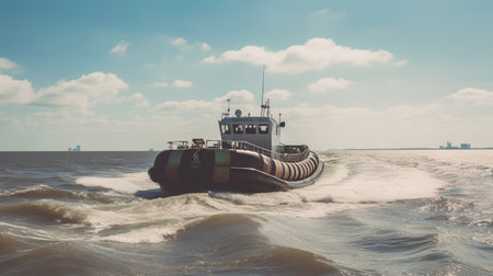 A tugboat on the water in the sea. Toned.の素材