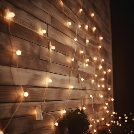Christmas lights on the wooden wall, christmas background with copy spaceの素材