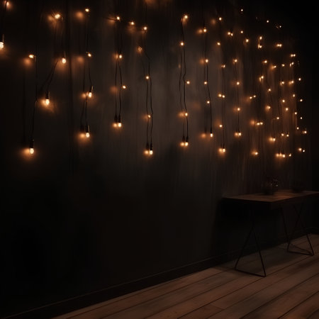 Interior of a dark room with wooden furniture and glowing garlandの素材