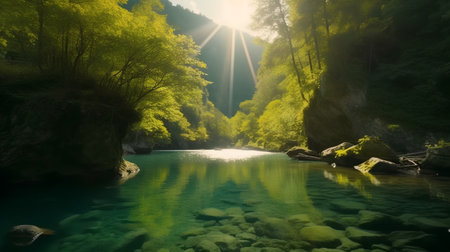 beautiful landscape with a mountain river in the forest and the sunの素材