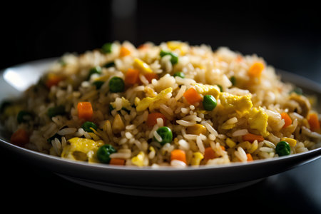 Fried rice with vegetables on a dark background. Selective focus.の素材