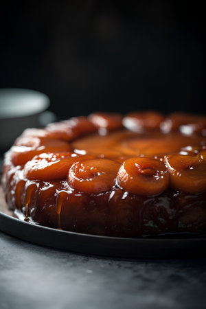 Caramelized apricot cake on dark background. Toned.の素材