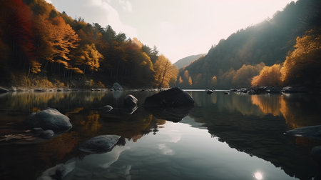 Beautiful autumn landscape with colorful forest and lake in the mountains.の素材
